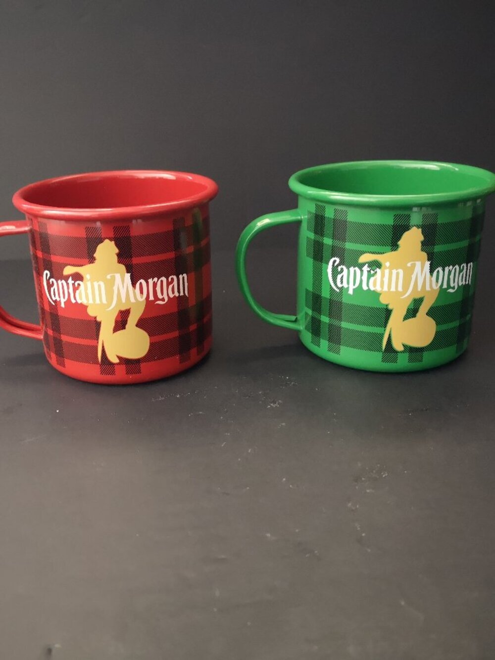 Captain Morgan Set of 2 Enamel Cups w/ Handles 10oz Capacity Red & Green